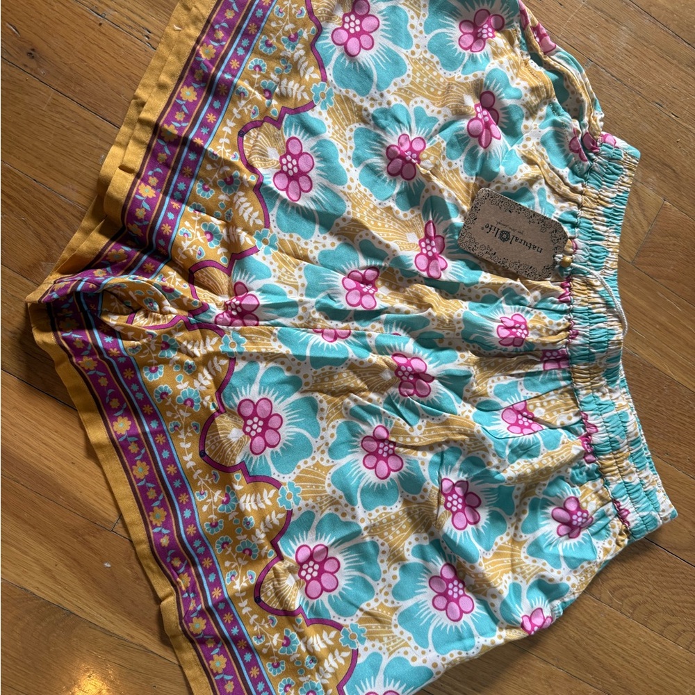 NATURAL LIFE Floral High-Waist Shorts in Turquoise, Mustard & Pink